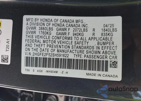 2025 Honda Civic Sport z USA, uszkodzony, nr VIN 2HGFE2F52SH591622